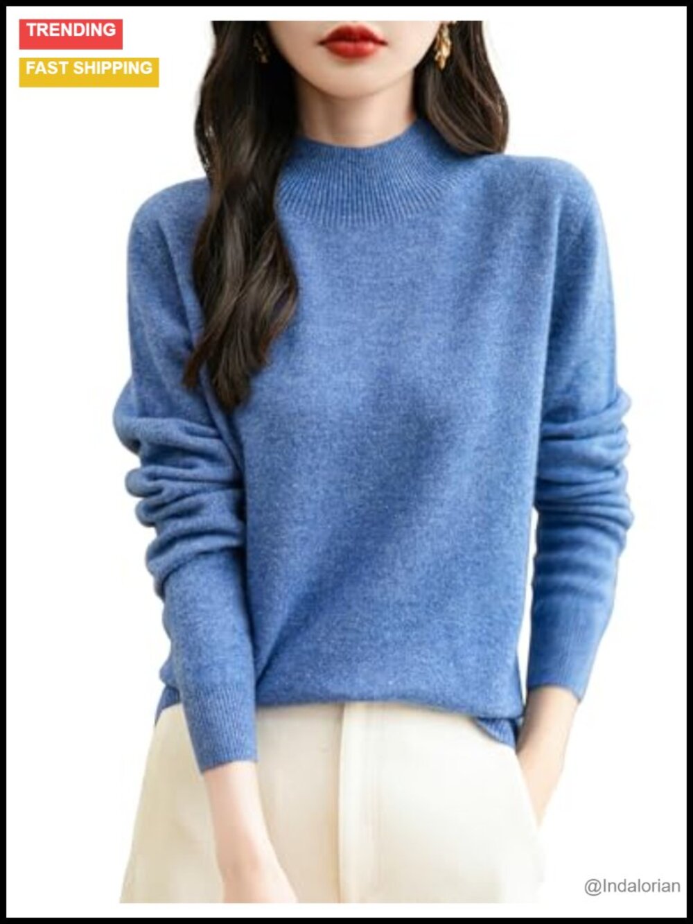 100% Merino Wool Seamless Mock Neck Pullover Sweater Long Sleeve Knit Top
